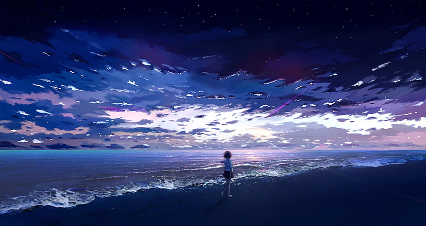 애니메이션 소녀, 해변, 해변, 예술 HD 월페이퍼