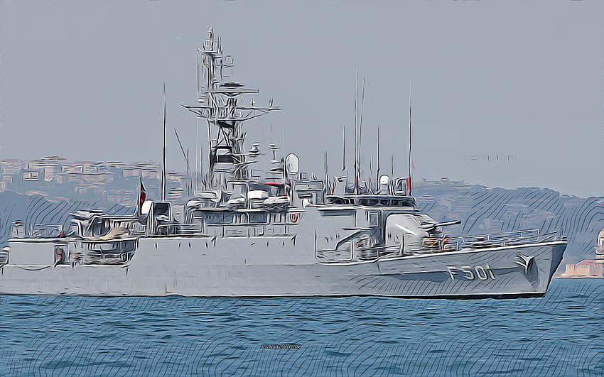 TCG Bodrum, F-501, , vector art, TCG Bodrum drawing, Turkish Naval Forces, creative art, TCG Bodrum art, vector drawing, abstract ships, TCG Bodrum F-501, Turkish Navy HD wallpaper