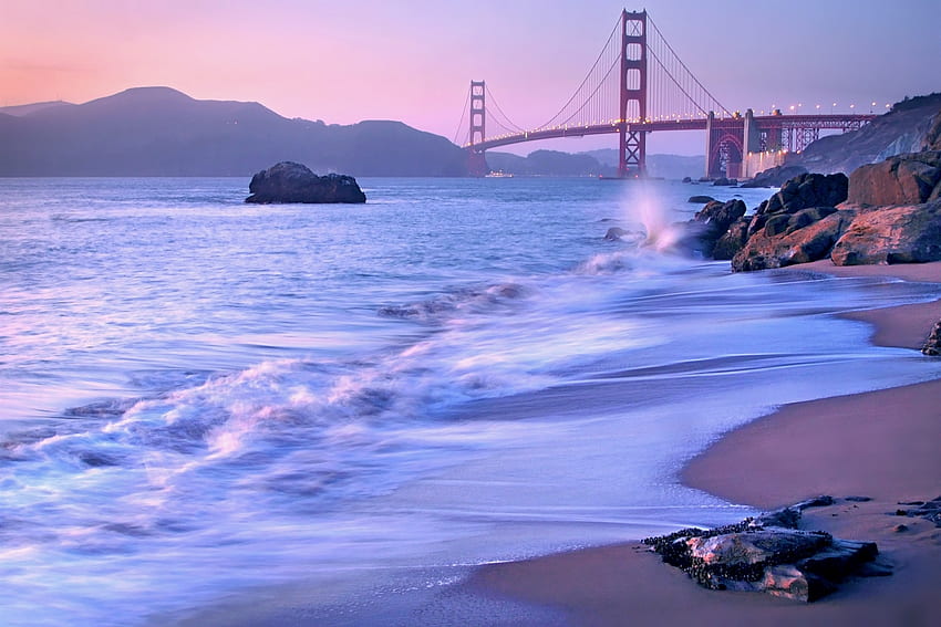 Landscape, Cities, Stones, Lilac, Usa, Shore, Bank, Bridge, Evening, United States, California, San Francisco, Golden Gate, Strait HD wallpaper