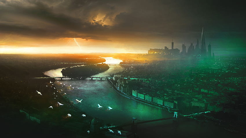 Green City Birds Sky Storm Clouds, Artist, , , Background, and , City Storm HD wallpaper