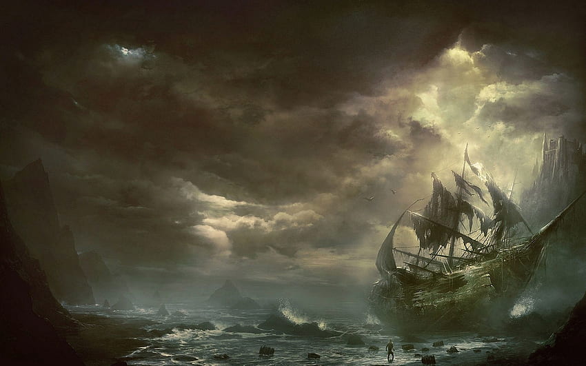Fantasy, Mountains, Sea, Clouds, Sailboat, Sailfish, Ship, Destroyed, Ruined HD wallpaper
