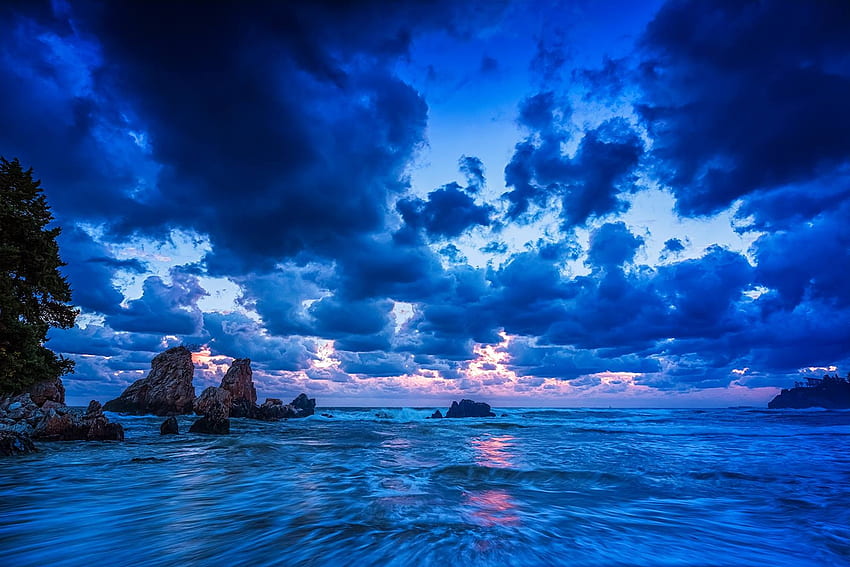 A New Day, sea, rocks, tree, beauty, waves, reflection, clouds, nature, sky, sun, ocean HD wallpaper