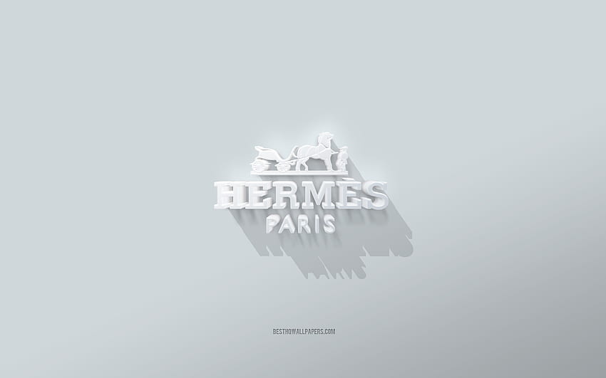 Лого на Hermes, бял фон, 3d лого на Hermes, 3d изкуство, Hermes, 3d емблема на Hermes HD тапет