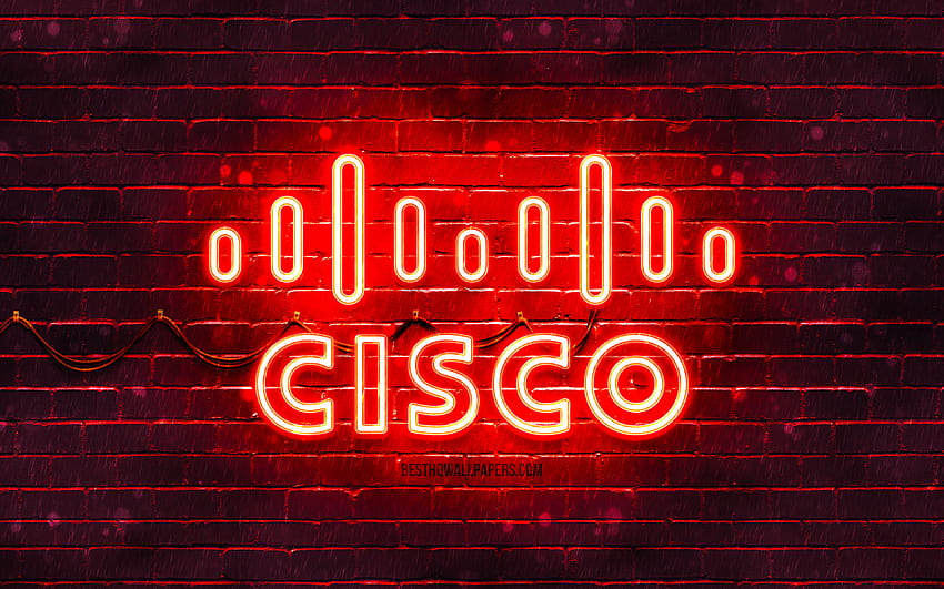 Cisco red logo, , red brickwall, Cisco logo, brands, Cisco neon logo, Cisco HD wallpaper