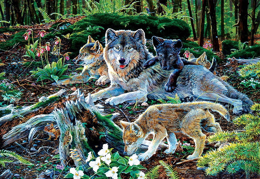 Forest Wolf Family, fleurs, chiots, œuvres d'art, peinture, mère, arbres Fond d'écran HD