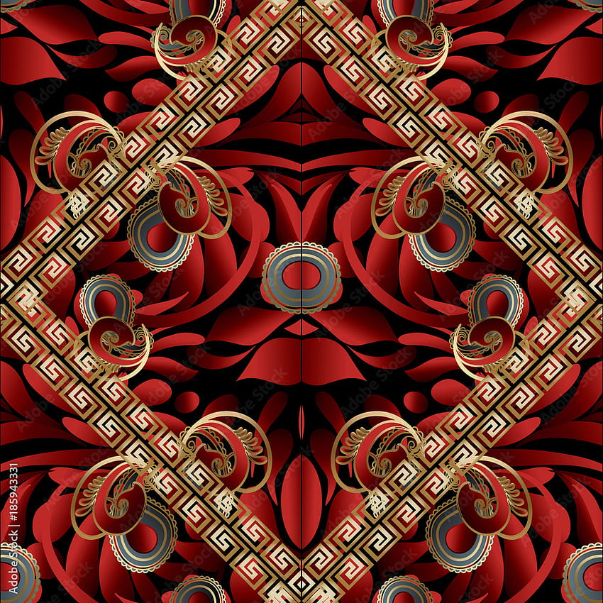Modernes nahtloses Paisley-Muster. Schwarzer roter goldener floraler Vektorhintergrund. Schönes 3D. Vintage Paisley-Blumen, Mäander, griechische Schlüsselrahmen und Ornamente. Luxuriöse Oberflächenstruktur für Design. Aktienvektor HD-Handy-Hintergrundbild