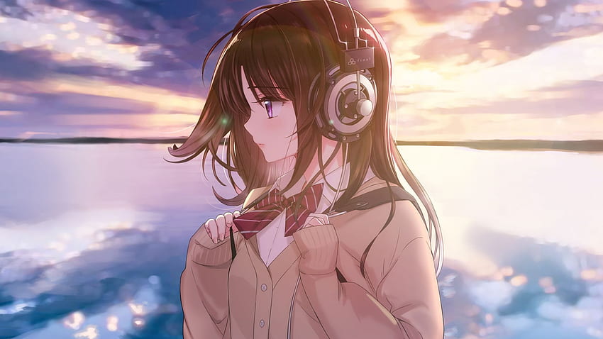 Anime-Mädchen, Original, Kopfhörer, Sonnenuntergang, im Freien, Kunst, Anime-Musik 2048X1152 HD-Hintergrundbild