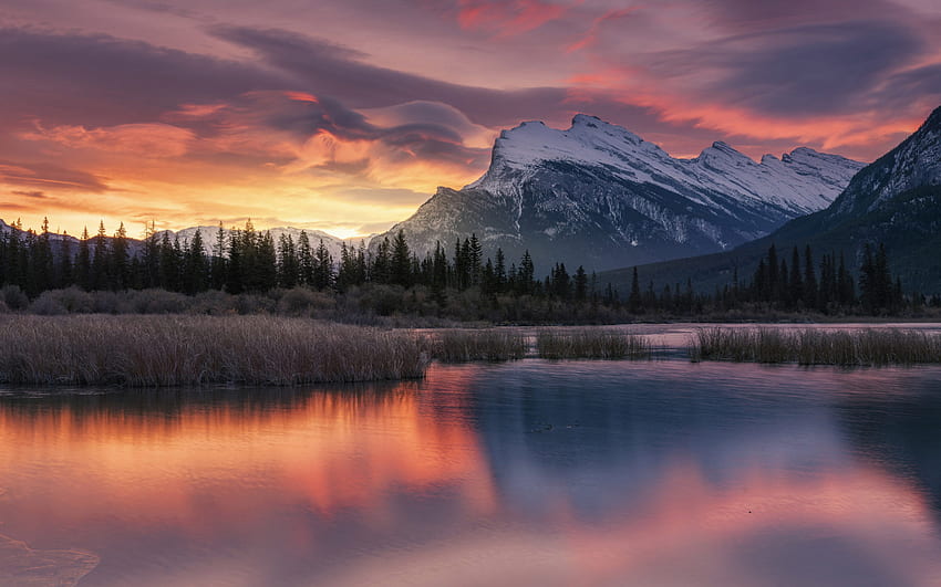 Canada Vermilion Lakes Sunrise Reflection Fire In The Sky Reds Sky Nature Landscape , Canada Sunrise HD wallpaper