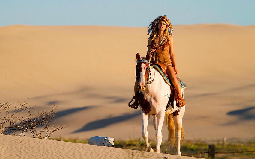 Riding in the Desert, dog, head dress, horse, model, blonde, desert HD wallpaper