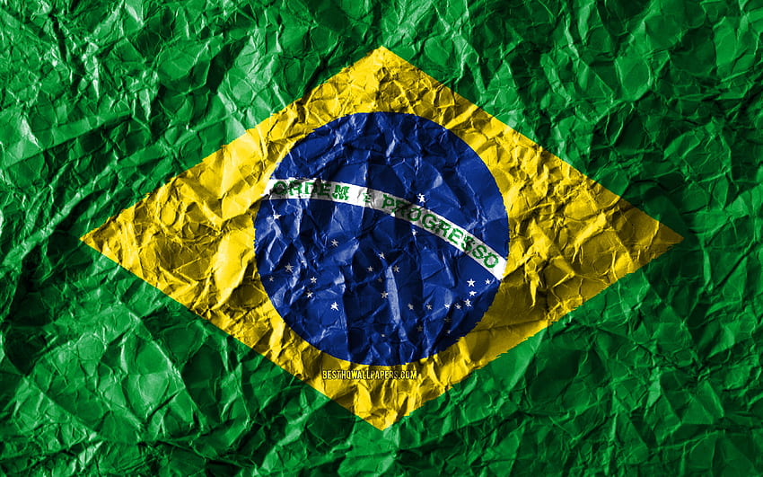 Bendera Brasil,, kertas kusut, negara-negara Amerika Selatan, kreatif, Bendera Brasil, simbol nasional, Amerika Selatan, bendera 3D Brasil, Brasil dengan resolusi. Kualitas tinggi Wallpaper HD