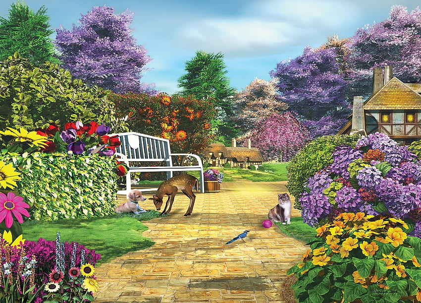 Peaceful Moment, bench, dog, bird, garden, cat, artwork, painting, deer, trees, flowers, cottage HD wallpaper