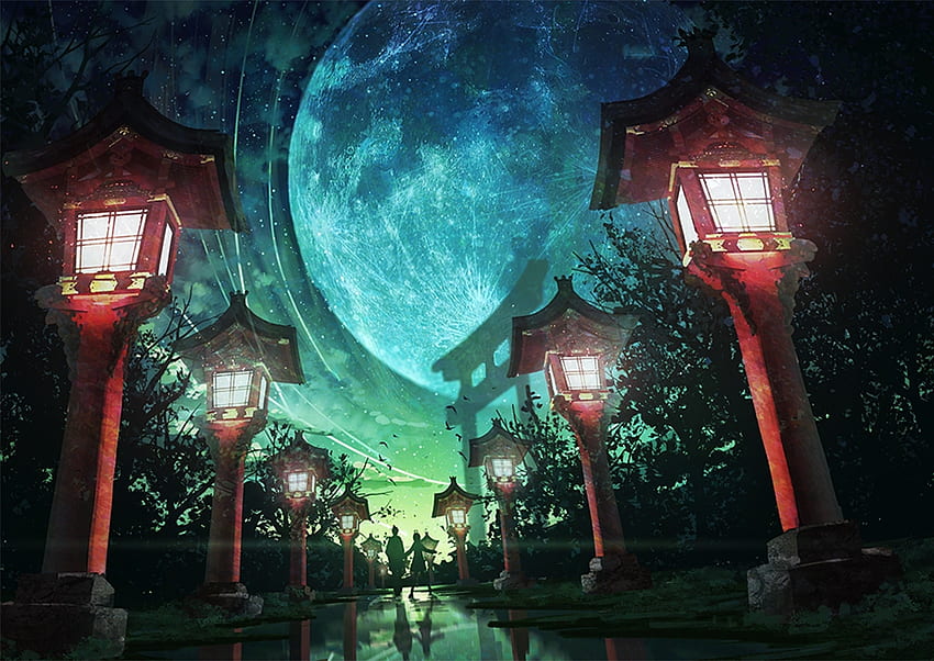 Moon, night, street lights, artwork HD wallpaper