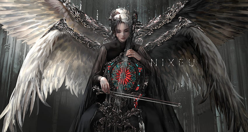 Angel, wings, art, nixeu, girl, dark, instrument, fantasy, luminos HD wallpaper