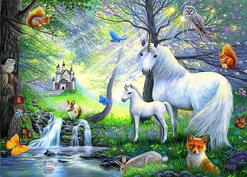 春のファンタジー、木、ユニコーン、子馬、キツネ、城、ウサギ、川、リス、蝶、アートワーク、絵画 高画質の壁紙