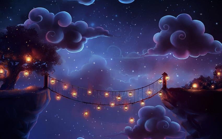 Dreamland, night, lanterns, landscape, stars, gift, dark, mountain, fantasy, lights, bridge, clouds, sky, cloud HD wallpaper