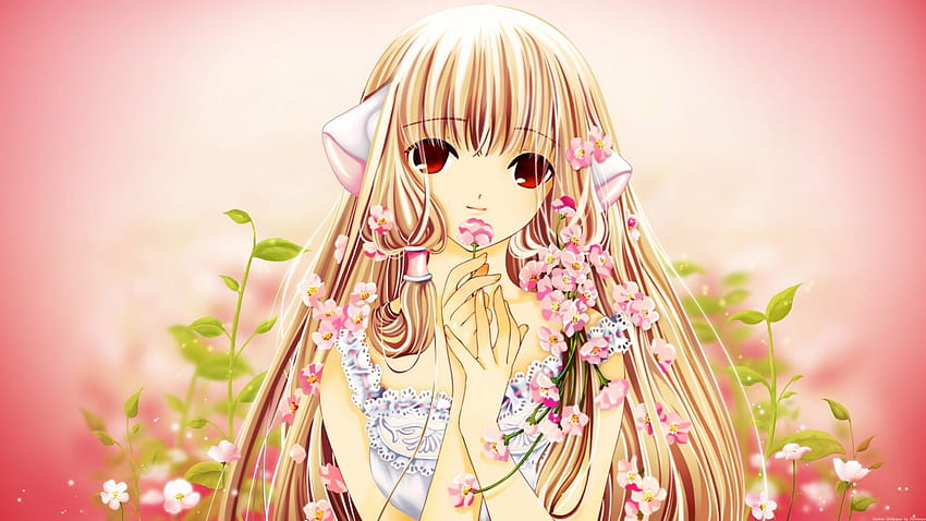 Feliz, niña, rosa, flores, anime. fondo de pantalla