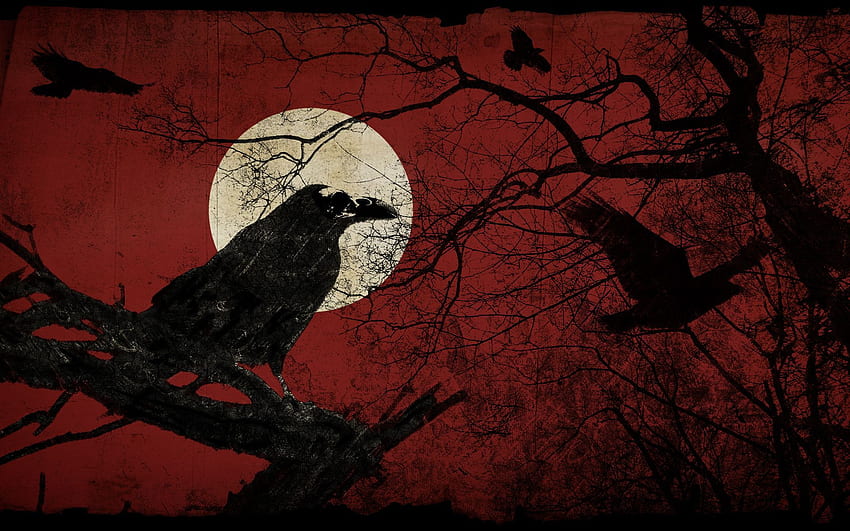Rabe bei Vollmond rot schwarz im Jahr 2019. Krähe, gotischer Rabe HD-Hintergrundbild