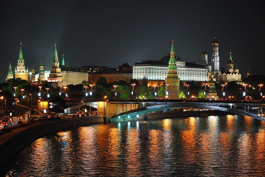 Ciudades, Ríos, Noche, Moscú, Ciudad, Luces, Reflejo, Puente fondo de pantalla