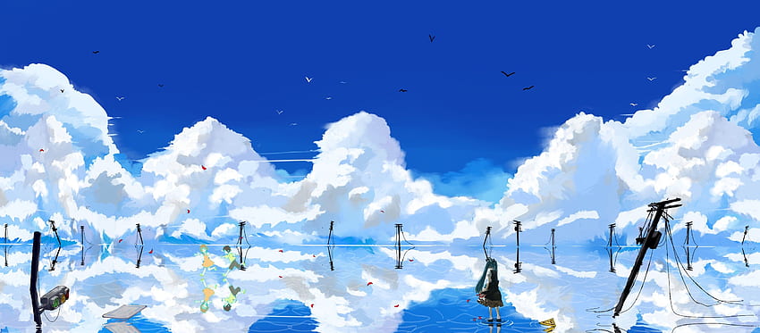water, Abstract, Blue, Clouds, Landscapes, Vocaloid, Hatsune, Miku, Fantasy, Art, Twintails, Anime, Run, Reflections, Anime, Girls, Blue, Skies / and Mobile Background HD wallpaper