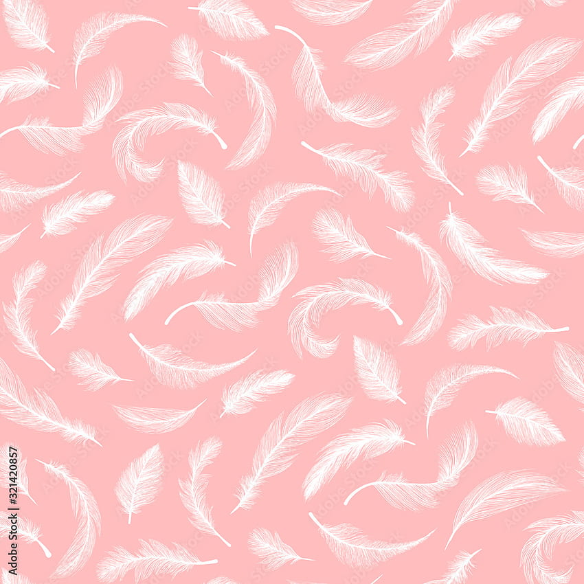 Feathers pattern on pink background, vector seamless decoration and ornate textile design. Abstract different shape flying white fluffy feather with down fluff plume texture, ornament Stock Vector, Pink Feather HD phone wallpaper