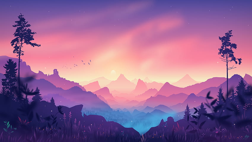 Arte digital, horizonte, montañas, bosque, arte rosado. fondo de pantalla