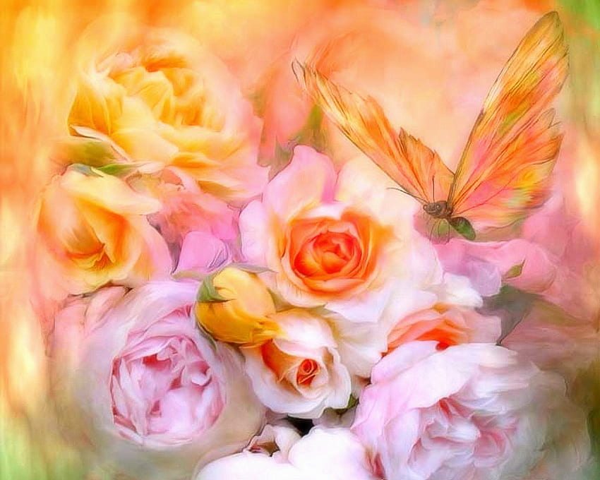 ✫Summer Love Roses✫, softness, buds, gentle, cute, colors, beauty, fragrance, butterfly, petals, animals, bright, drawings, butterfly designs, living, blossom, sweet, roses, alive, flying, paintings, beautiful, summer, scents, pretty, love, cool, nature, flowers, tender touch, lovely, blooms HD wallpaper