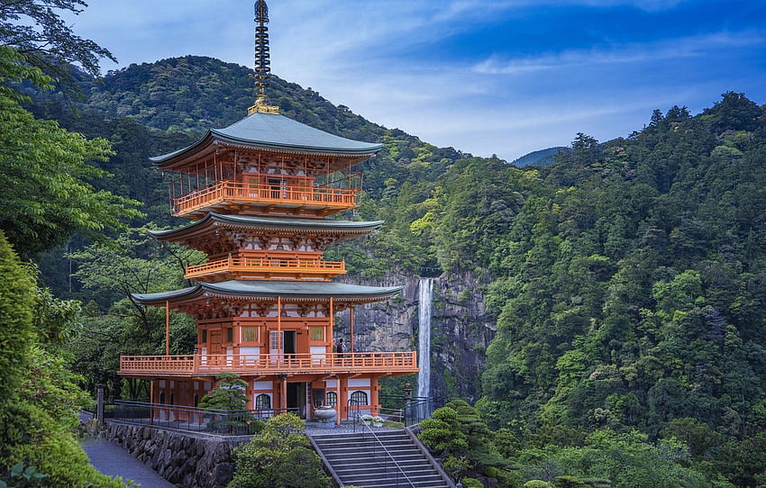 floresta, montanhas, cachoeira, pagode, Japão, Nachi Falls, Seigantoji Pagoda for, seção пейзажи, Japan Pagoda papel de parede HD