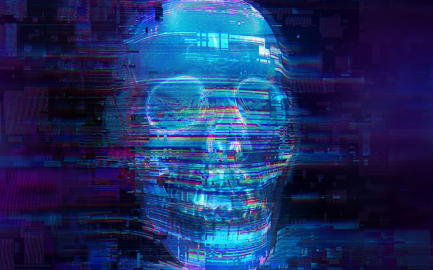 Skull, fear, glitch art, neon blue , , Ultra 16:10, , Cool Neon Blue HD wallpaper