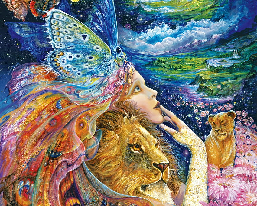 Coração e alma, azul, asas, Josephine Wall, arte, menina, leão, laranja, rosa, borboleta, fantasia papel de parede HD