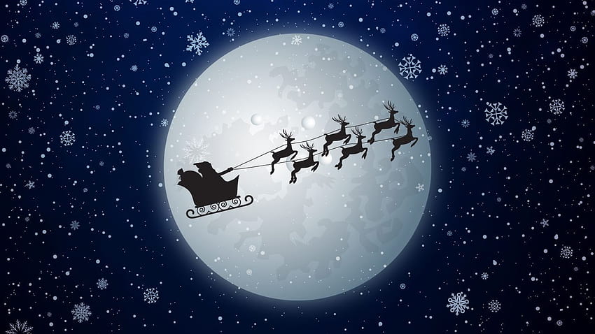Santa Claus, Reindeer Chariot, Moon, Snowfall HD wallpaper