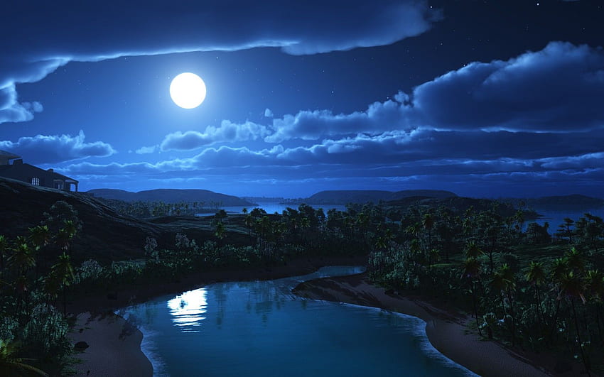 Natur, Nacht, Mond, 3D-Kunst, Himmel HD-Hintergrundbild