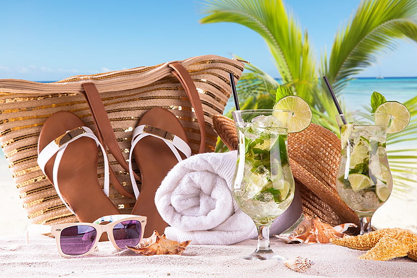 Summer vacation, Cocktail, Lime, Sand, Le, Sea, Beach, Bag, Eyeglasses HD wallpaper