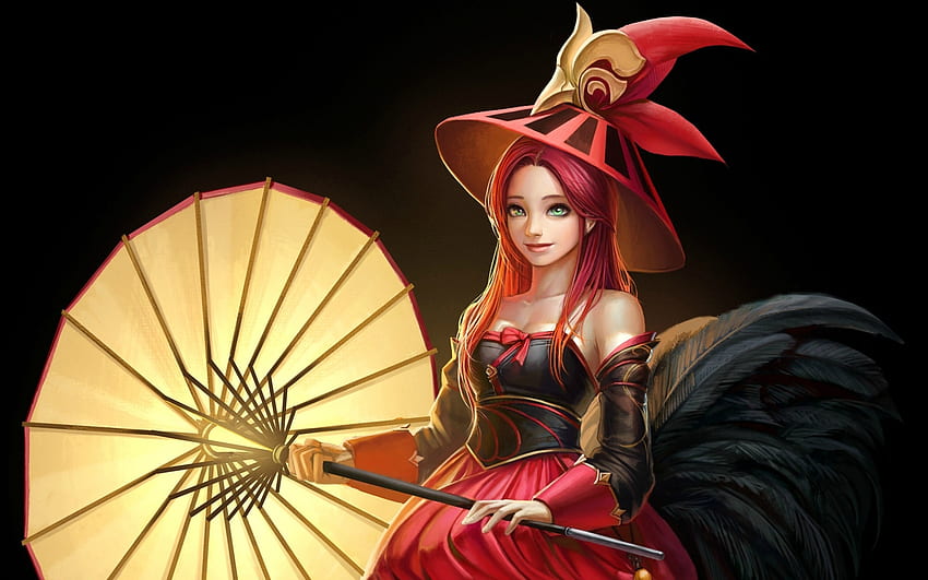 Fantasy Girl, Hat, Red, Umbrella, Witch, Yellow HD wallpaper
