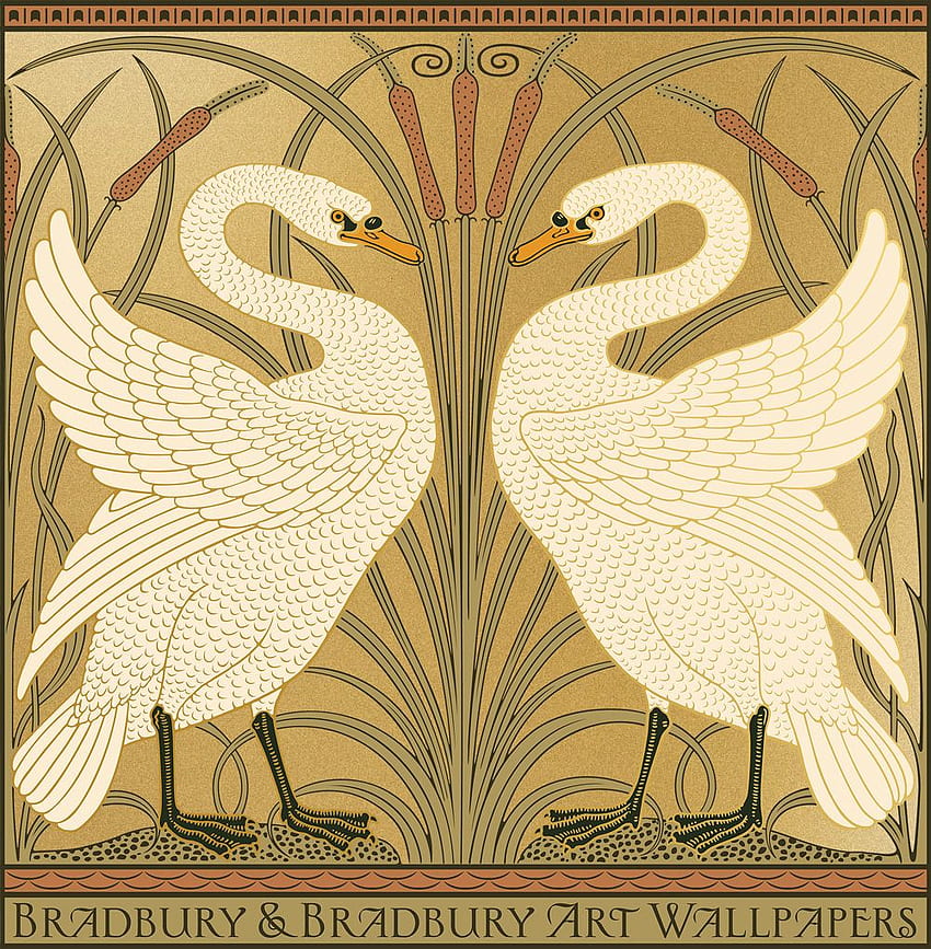 Брадбъри Викториански домашен декор. Плакат с лебед на Уолтър Крейн в злато, плакат в стил арт деко HD тапет за телефон