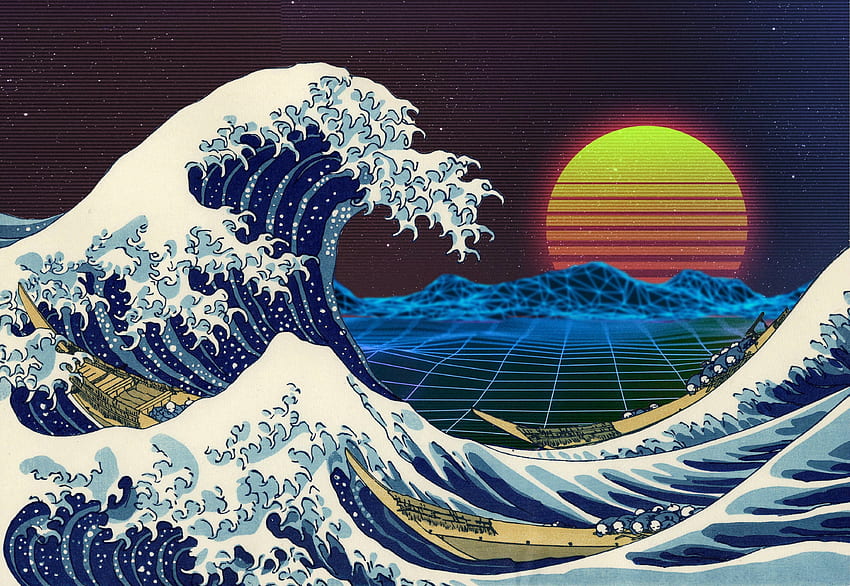 Retro, arte, marea, olas del mar, luna. fondo de pantalla