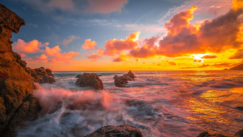 Malibu Beach, California, sea, pacific, coast, clouds, colors, sky, rocks, sunset, usa HD wallpaper