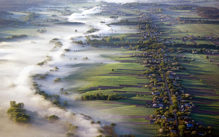 naturaleza, Paisaje, Vista aérea, Niebla, Aldeas, Campo, Carretera, Ucrania fondo de pantalla
