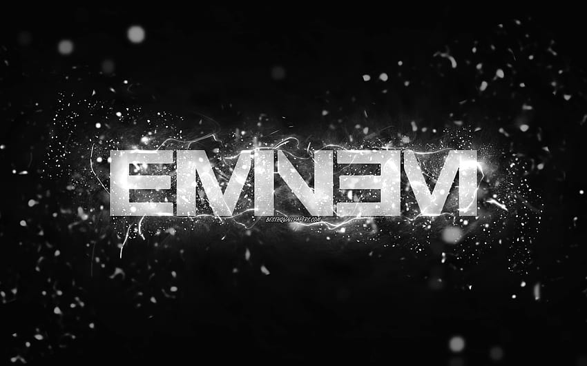 Logo putih Eminem,, rapper Amerika, lampu neon putih, kreatif, latar belakang abstrak hitam, Marshall Bruce Mathers III, logo Eminem, bintang musik, Eminem Wallpaper HD