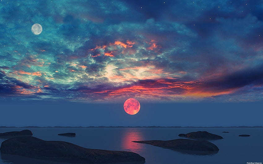 Sunset, Moon, Sea, Sun, Sky HD wallpaper