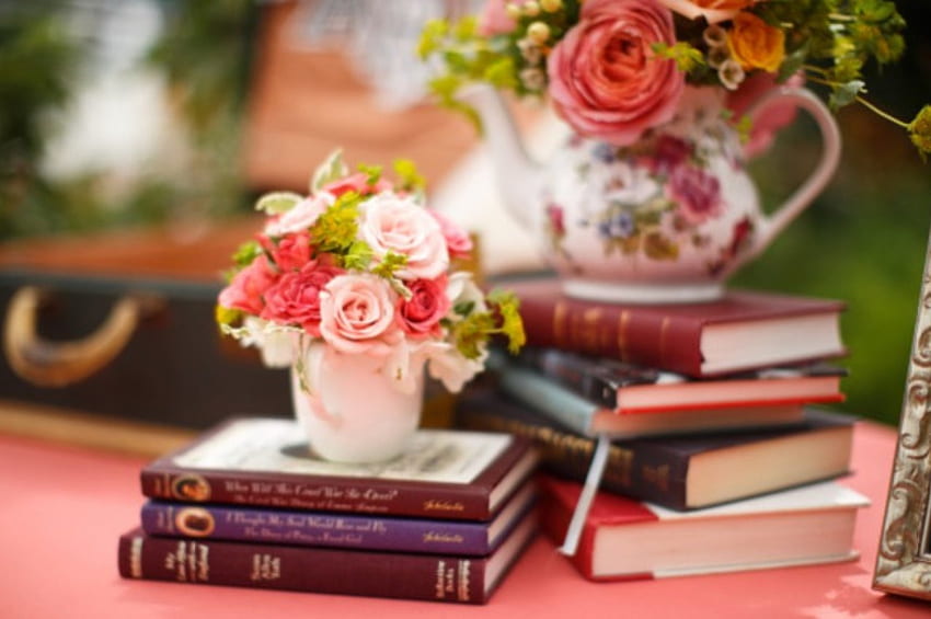 ✿ Petals ✿, cups, books, colored, petals, flowers, home-style, beauty HD wallpaper