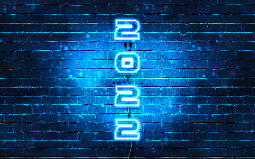 2022 on blue background, vertical text, Happy New Year 2022, blue brickwall, 2022 concepts, wires, 2022 new year, 2022 blue neon digits, 2022 year digits HD wallpaper
