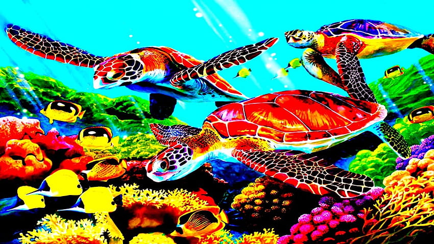 ウミガメ、魚、サンゴ、海 高画質の壁紙