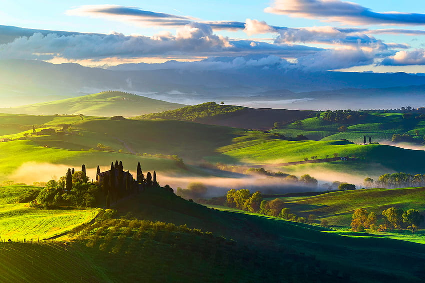 Nature, Trees, Fields, Italy, View From Above, Fog, Tuscany HD wallpaper