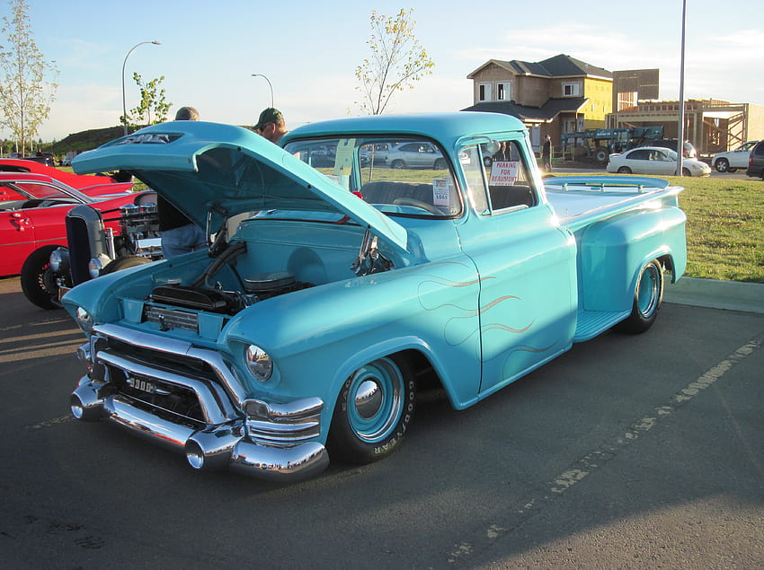 1956 caminhão GMC, azul, faróis, GMC, grafia, Motor, caminhão papel de parede HD
