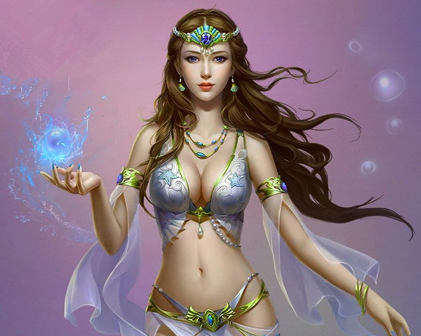 Sorceress, blue, frumusete, girl, woman, beauty, pink, fantasy, luminos HD wallpaper