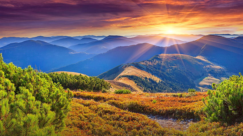 Autumn sunrise, glow, fall, autumn, view, beautiful, sunset, mountain, rays, colorful, hills HD wallpaper