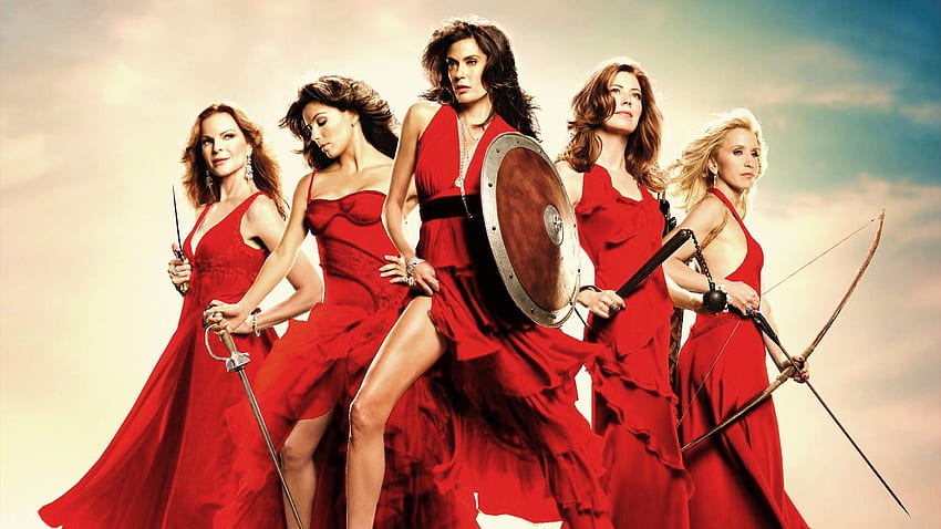 Отчаяни съпруги (2004 - 2012), afis, щит, плакат, момиче, актриса, жена, отчаяни съпруги, телевизионен сериал, червен HD тапет