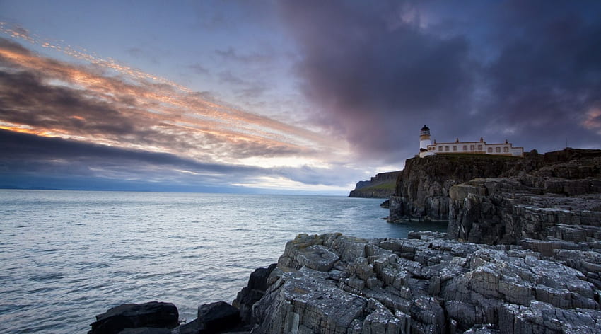 lighthouse atop seacoast cliffs, sea, lighthouse, cliffs, coast, clouds, rocks HD wallpaper