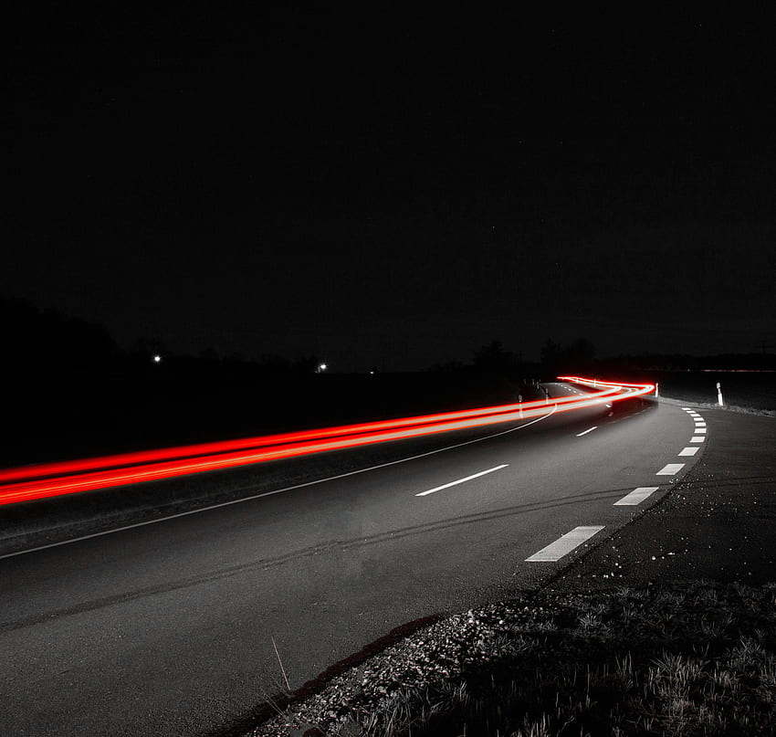 Nacht, Dunkel, Straße, Abzweigung, Asphalt, Langzeitbelichtung HD-Hintergrundbild