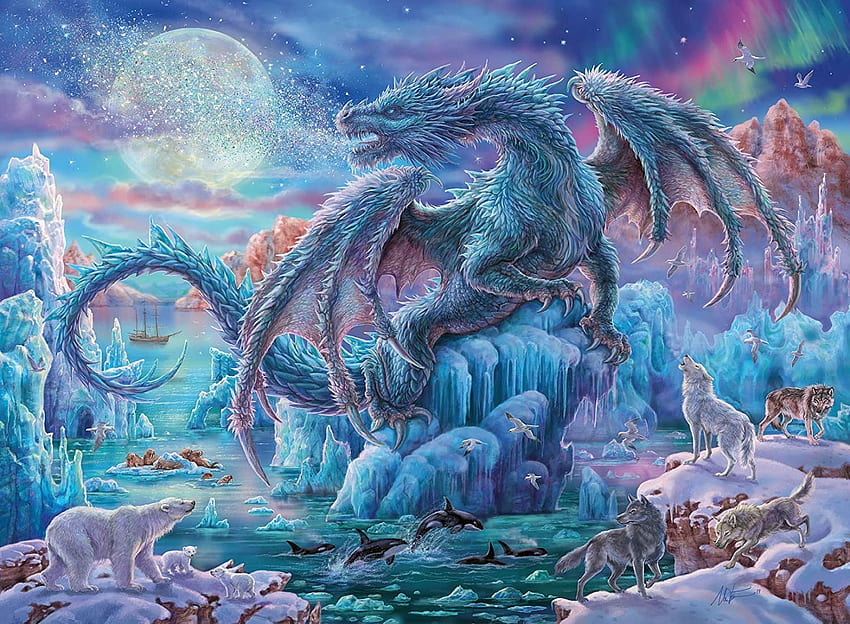 Winter Ice Dragon, blue, creature, fantasy, ice, winter HD wallpaper